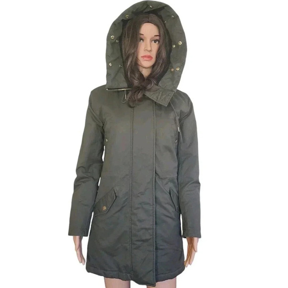 J. Crew Long Hooded Jacket Snap Front Zipper Olive Green Size XXS - Picture 1 of 13